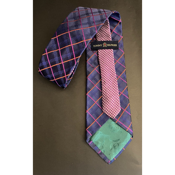 T Hilf 100% Silk Tie Diagonal Plaid Blue/Pink/Orange Houndstooth Jacquard - Picture 3 of 6